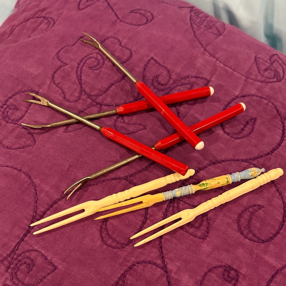 Vintage BBQ Fondue , and Japanese 2 Prong Cocktail Hors D'oeuvres Forks